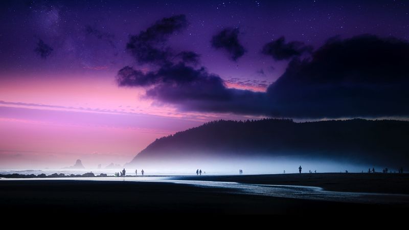 beach, starry sky, fog, shore, 4k