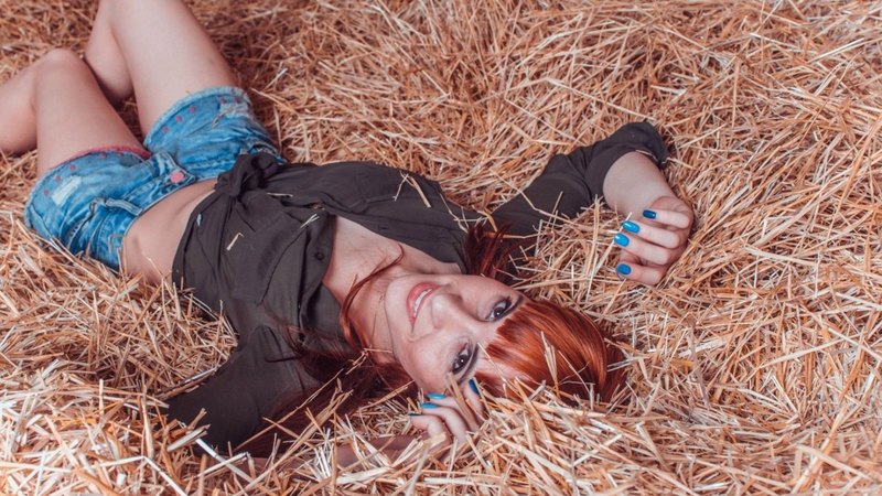 hay, cowgirl, redhead, shorts