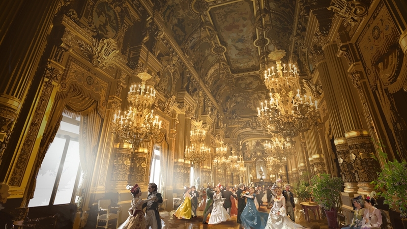 pretty, dress, hall, golden, beautiful, abstract, woman, windows, fantasy, men, party, dance, lady, couple, light