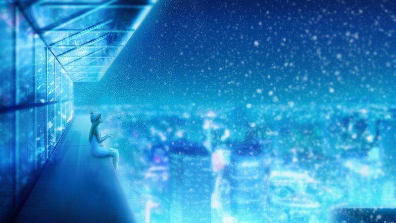 colorful, building, city, girl, snow, anime, beauty, night