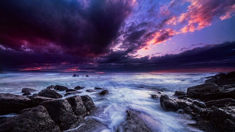 purple sky, ocean, sunset, waves, ocean waves, sky, clouds, sea, splendor, purple, nature, sunrise