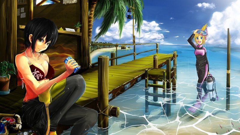 scuba gear, swim suit, girls, anime