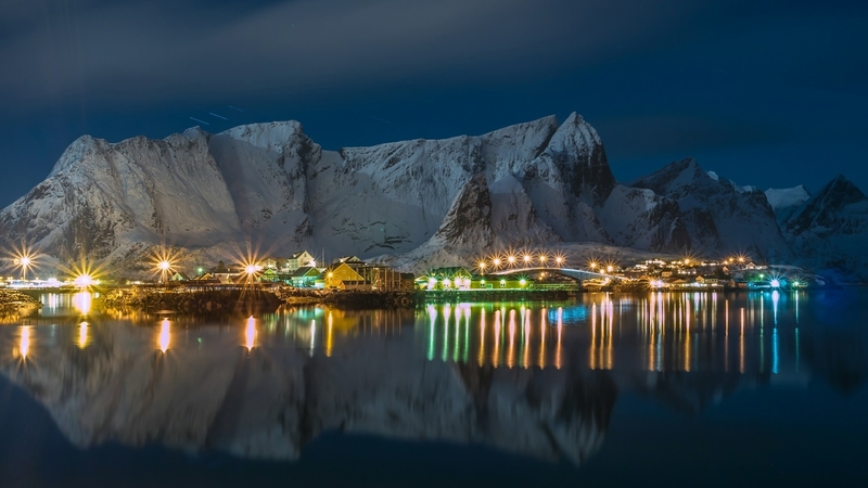 mountains, lights, bays, nature, norway