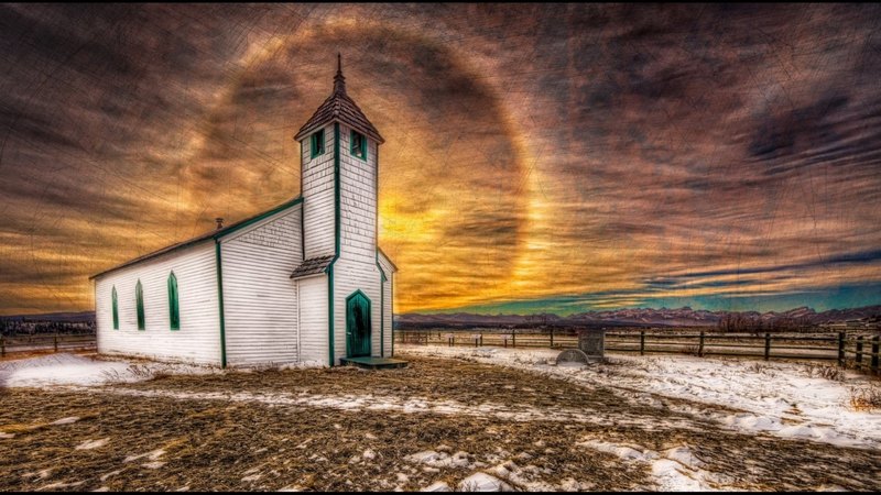 fence, halo, hdr, church, winter