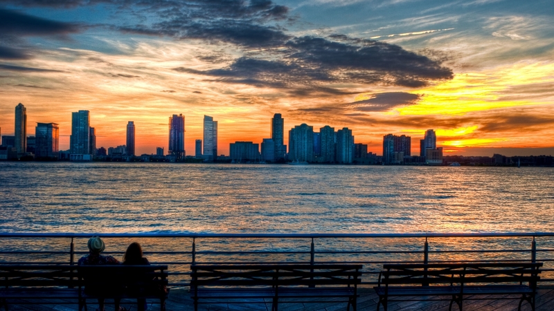new york, water, hudson river park, benches, colors, clouds, sky, skyscrapers