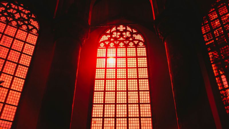 window, arch, interior, red, architecture, light, 4k