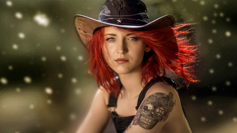 redhead, cowgirl, tattoo, red hair, skull, hat