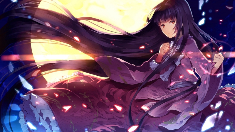 wind, manga, houraisan kaguya, moon, girl, purple, anime, touhou, petals, sunakumo, blue, night