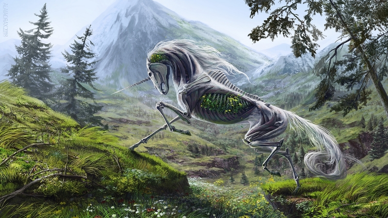 ann hetmanchuk, fantasy, luminos, green, unicorn, horse