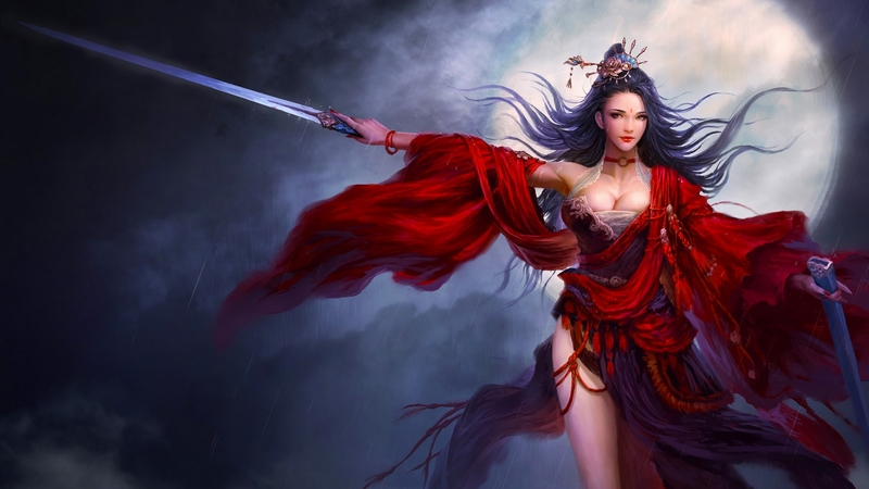 girl, digital, woman, sword, red, art, pretty, warrior, fantasy, scarlett