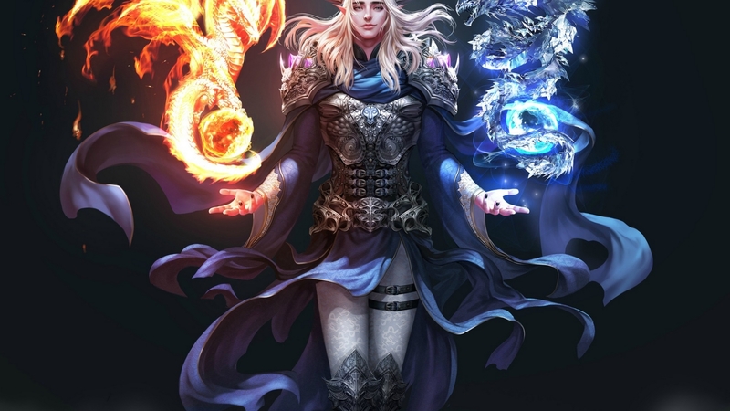 luminos, orange, elf, game, black, man, dragon, fire, fantasy, hand, ice, blue
