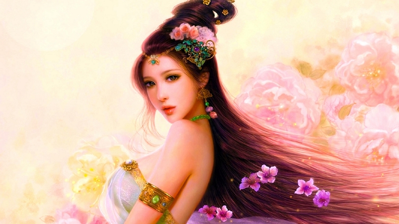 frumusete, fantasy, luminos, girl, ruoxin zhang, flower, princess, pink