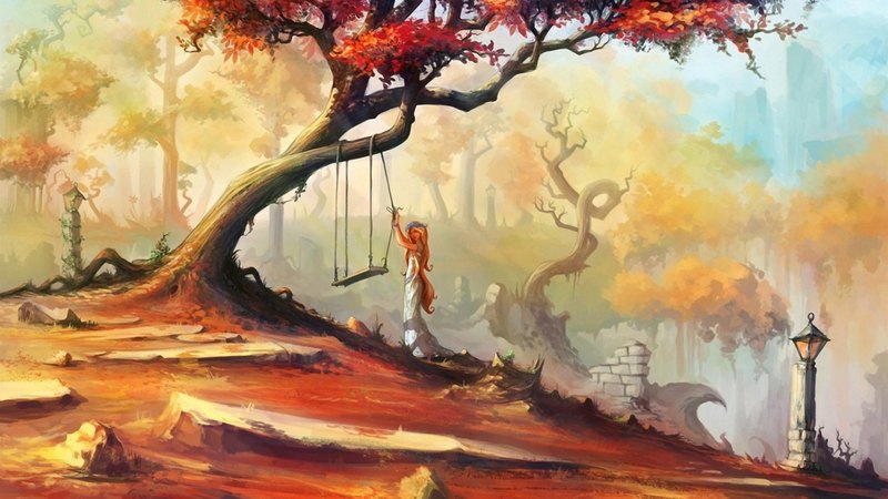 art, autumn, luminos, orange, redhead, place, tree, fantasy, girl, swing