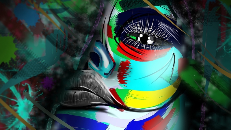 blue, art, red, colorful, grafitti, eye, yellow, girl, green, stephanie jones, face, white