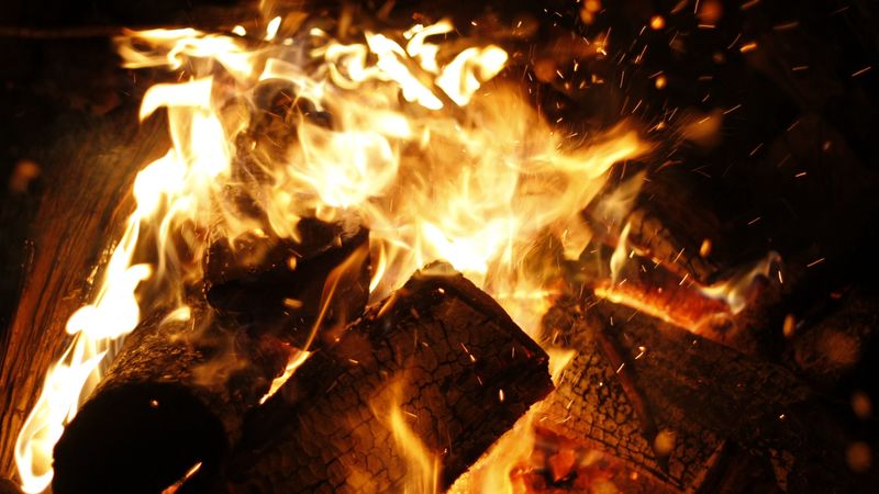 bonfire, fire, flames, coals, firewood, sparks, 4k