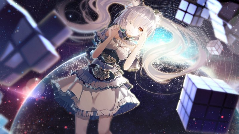 pretty, dress, glow, space, white hair, beautiful, woman, sweet, anime, beauty, anime girl, long hair, light, blue, female, lovely, black, smile, soft, cube, galaxy, cute, girl, lady