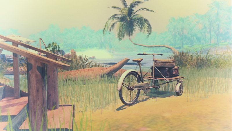 palm tree, art, lagoon, beach, bicycle, grass, wheel, 4k