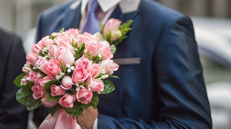 bouquet, rose, flower, hand, man, wedding, pink