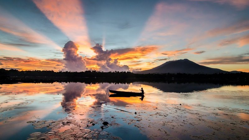boat, rays, lilies, sunrise, reflection, lake