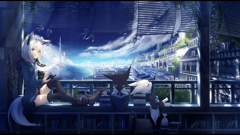art, house, kitsune, neko, indoor, cat, fantasy, girl, fox, orginal, scenery