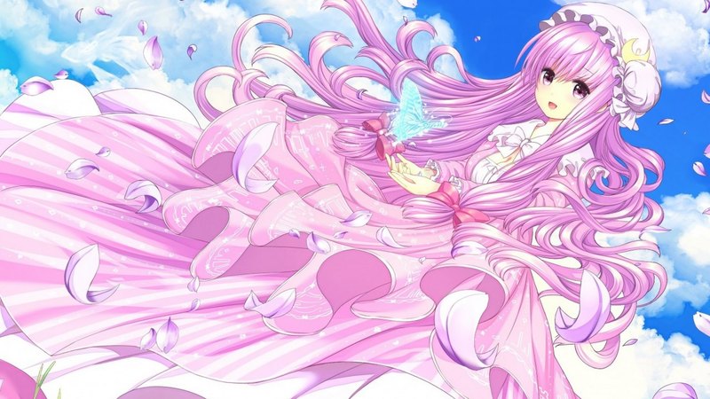 dress, butterfly, girl, anime, touhou, patchouli, pink