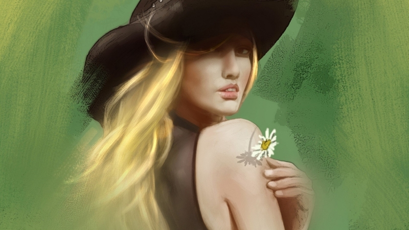 girl, hat, blonde, flower