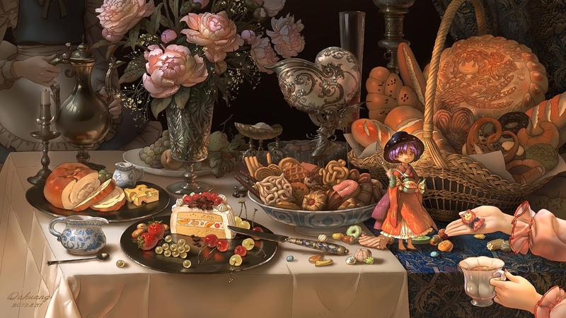 table, rose, dahuang, food, sweets, anime, manga, flower, touhou