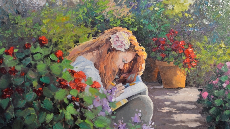 girl, reading, painting, flowers, book, peaceful, relaxing, trees