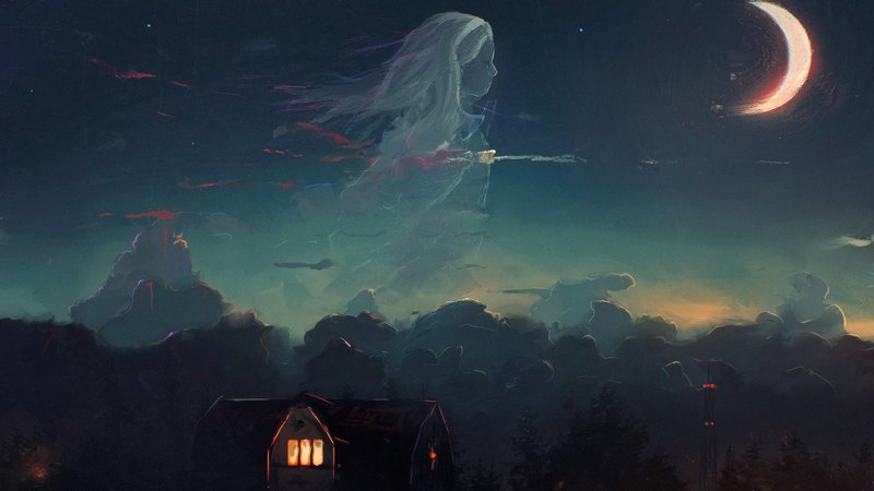 art, house, luna, luminos, sky, woman, spirit, fantasy, moon, girl, night