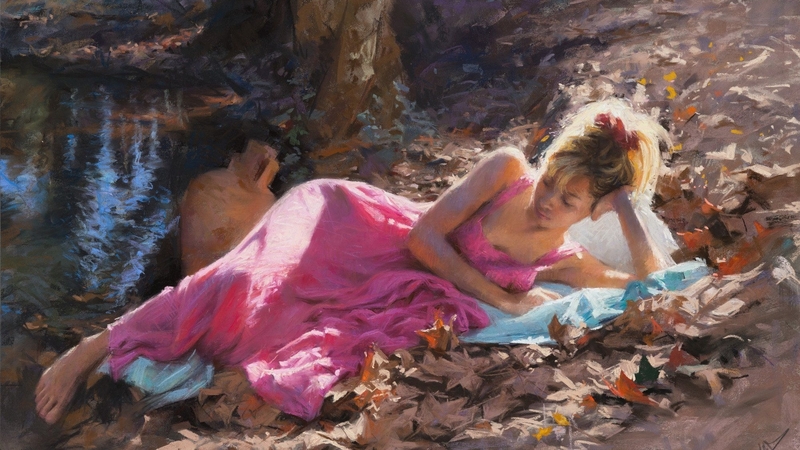 summer, vicente romero redondo, pink, lake, art, dress, water, vara, girl, painting, pictura