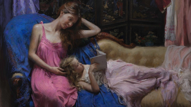 pink, woman, mother, blue, art, book, vicente romero redondo, girl, copil, painting, child, pictura