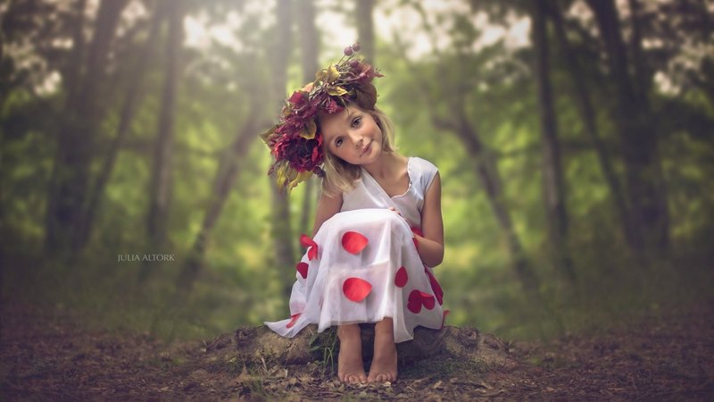 red, forest, little, woods, julia altork, cute, tree, girl, green, flower, child