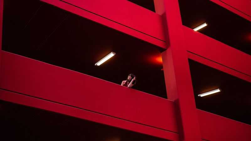 girl, architecture, red, minimalism, 4k