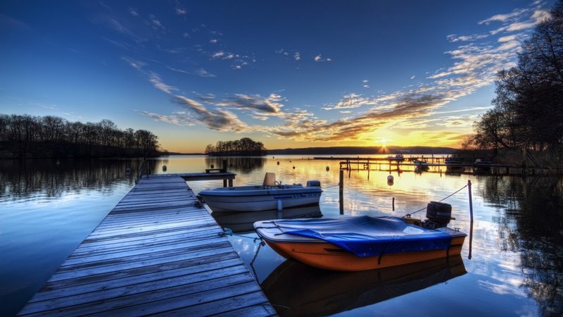 boats, sunset, lake, docks