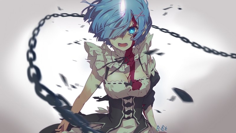 pretty, beautiful, evil, cool, blue hair, maid, lovely, blue eyes, hd, black, kawaii, short hair, nice, dark, weapon, anime girl, re zero rem, white, rem