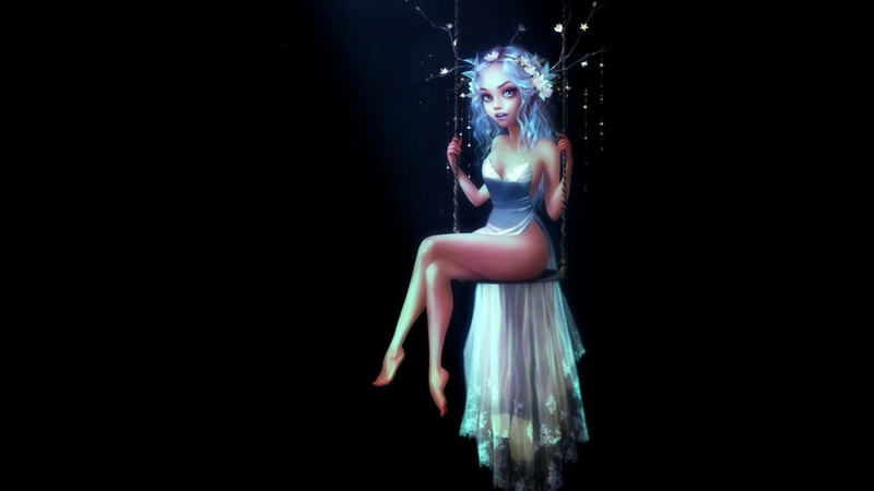 fantasy, luminos, swing, black, moonlight, minimalistic, fairy