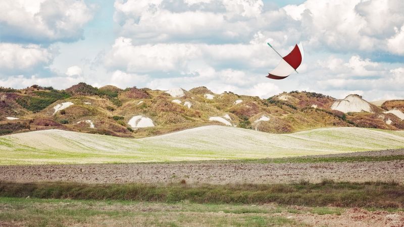 umbrella, hills, grass, field, 4k