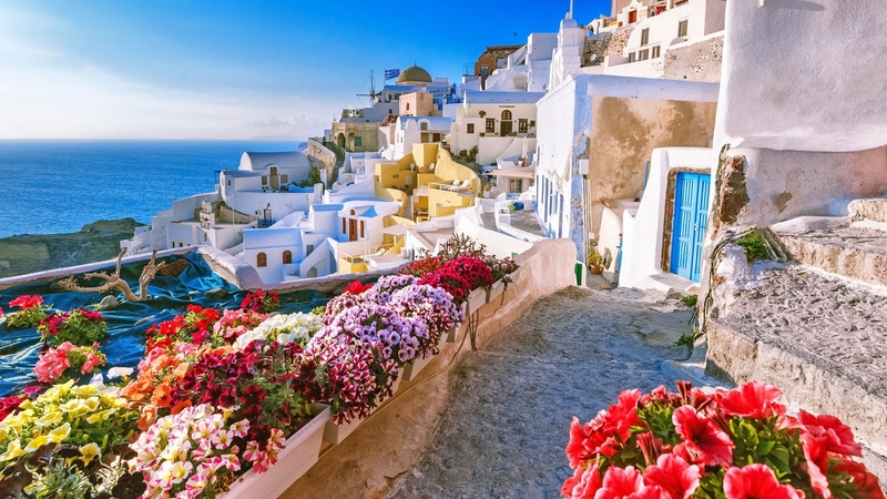 village, flowers, traditions, street, scenic, view, houses, beautiful, picturesque, sea, santorini, summer