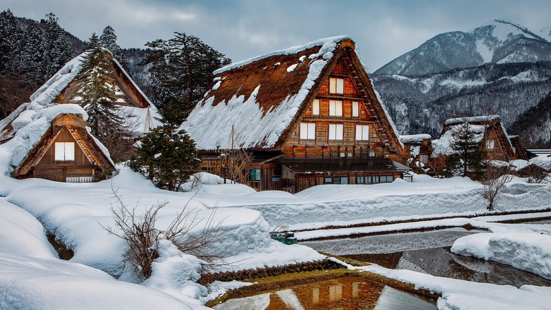 snow, chalet, winter, mountain, beautiful, reflection