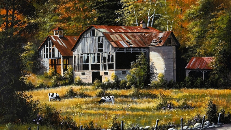 painting, house, trees, artwork