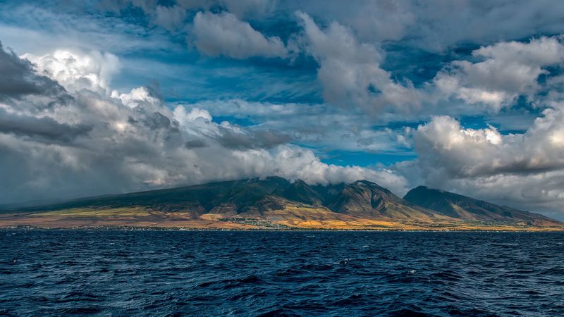 mountains, fog, sea, sky, 4k