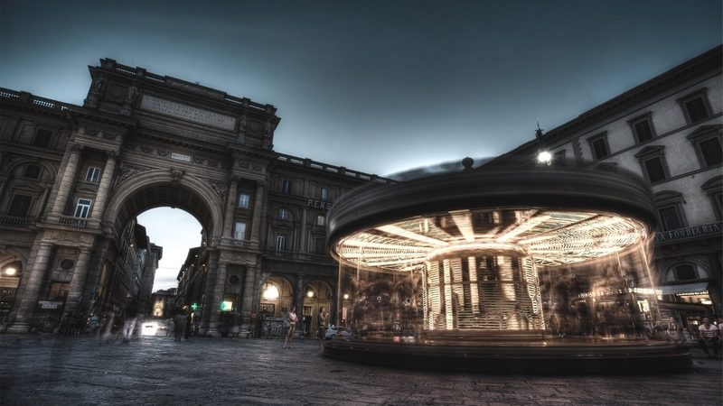 motion, city, square, merry go round, dusk, lights