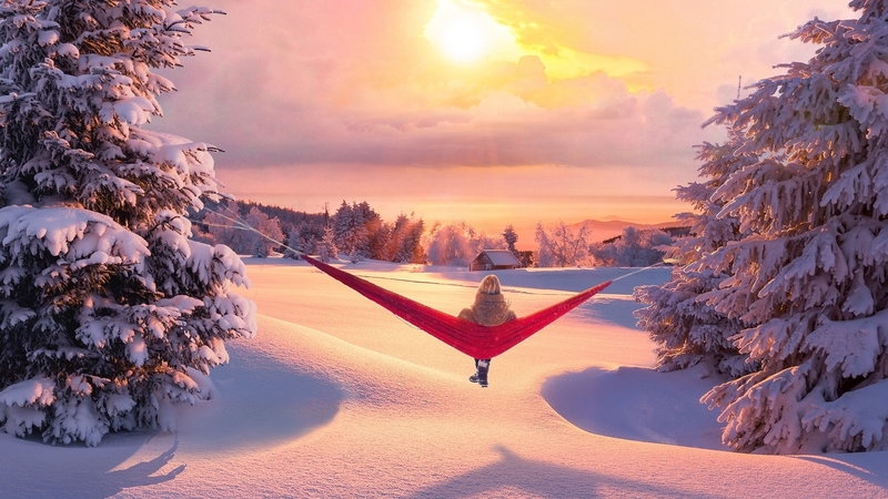 beauty, nature, trees, winter, hommock, sun, home, sky, girl, snow, peaceful