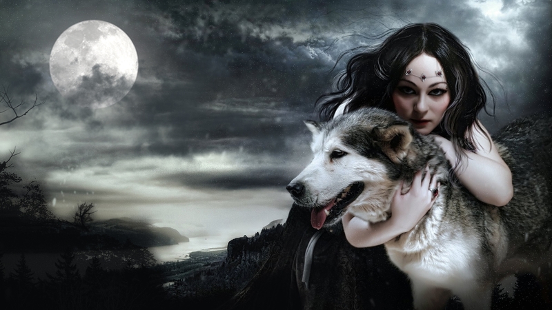 lobo, forest, bautiful woman, goth, fantasy, moon, gothic, dark, wolf ...