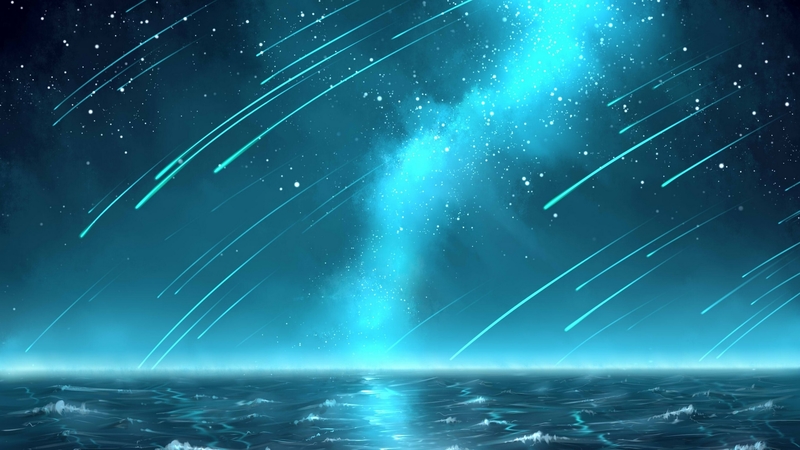 stars, water, anime, manga, sky, sea, blue, night, luminos