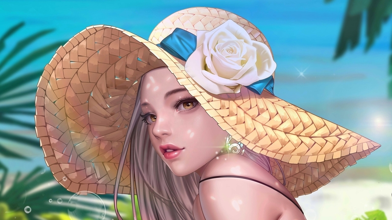 luminos, rose, manga, palm, sea, hat, beach, fantasy, water, vara, ben ben, anime, summer, flower, face, blue