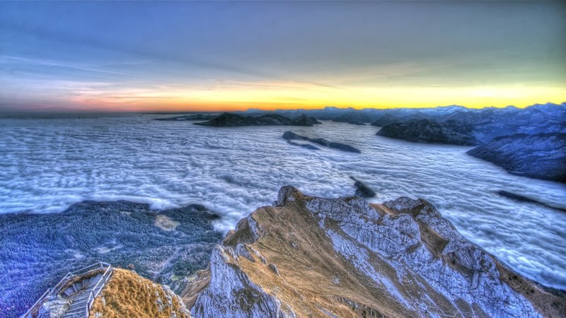 mountains, peaks, hdr, sunset, clouds, steps