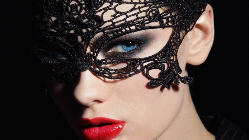 red, model, blue eye, girl, black, face, mask, lips, woman