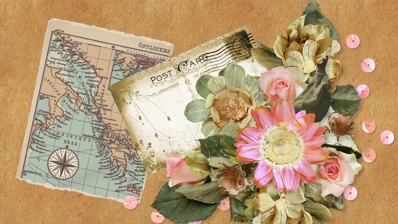 vintage, post cards, maps, sequins, notes, flowers, dry flowers