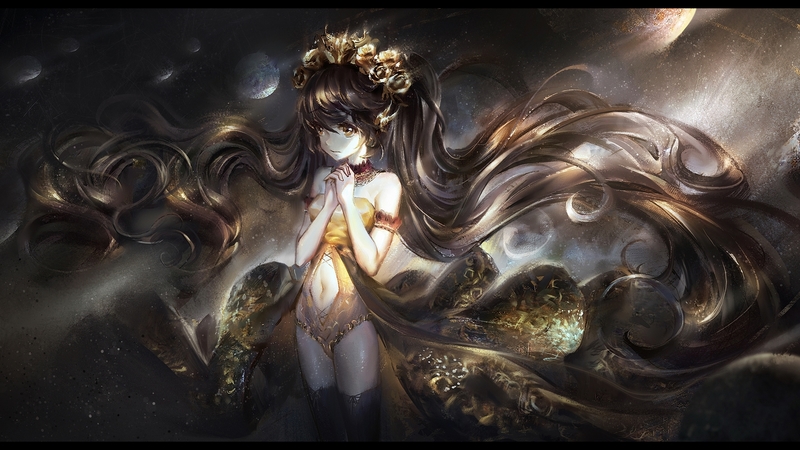 wreath, girl, rose, golden, anime, flower, manga, kvpk5428